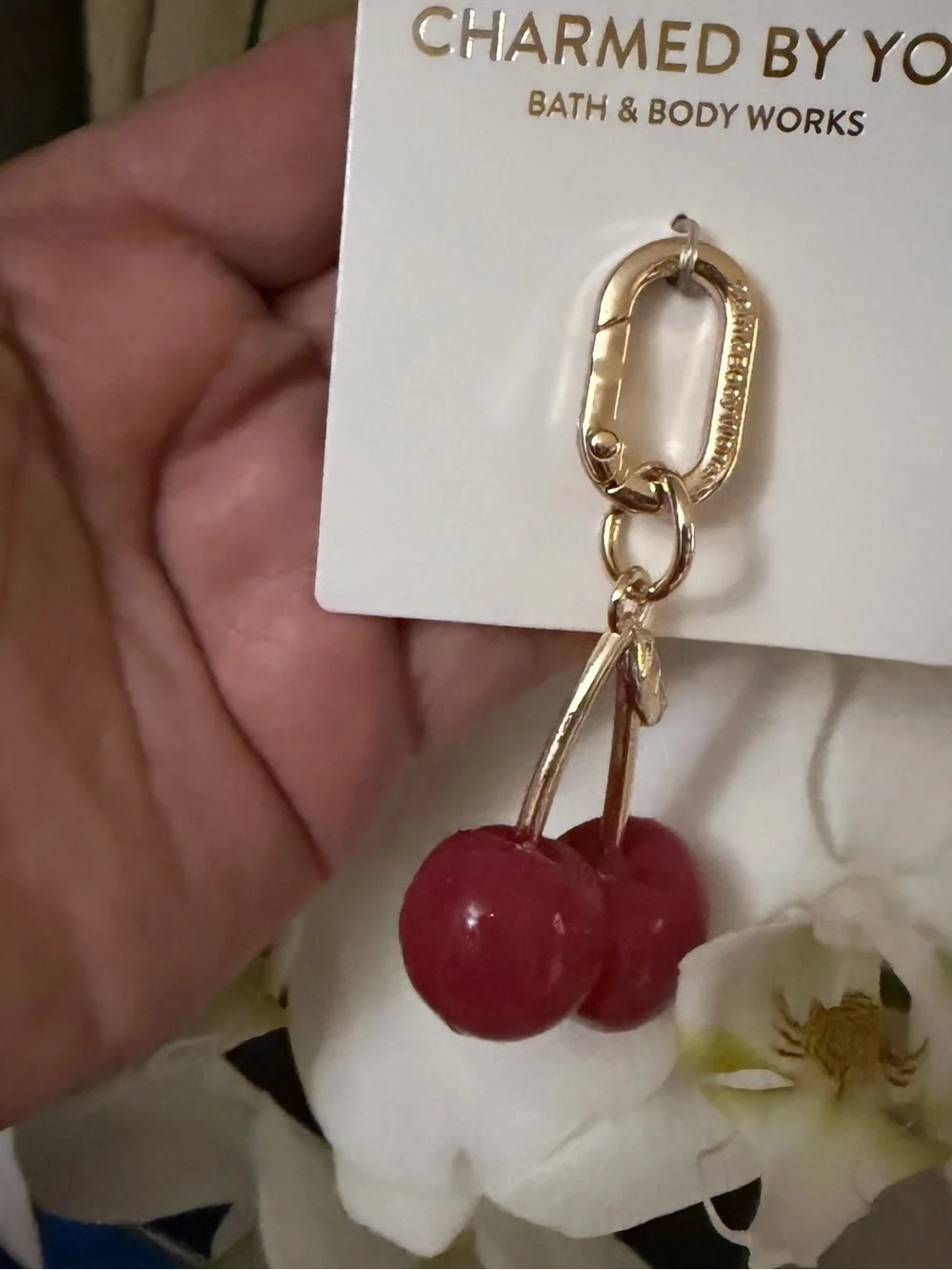 Bath & Body Works Rose Gold Keychain with Glossy Pink Cherry Charm